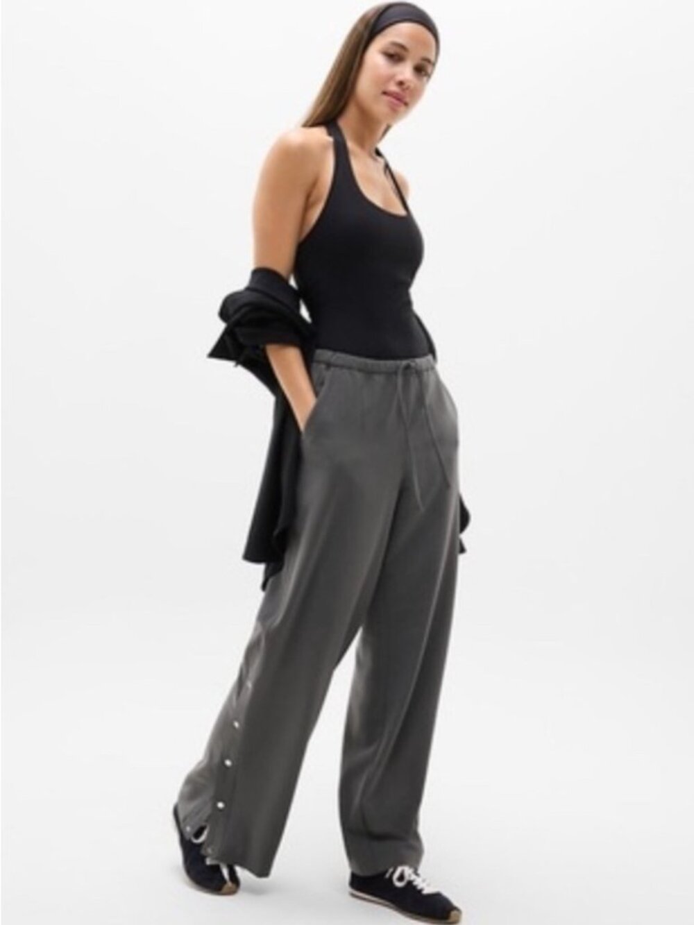 NEW Athleta MVP Wide-Leg Mid-Rise Snap Pants High-Rise Pull-On Grey Lightweight